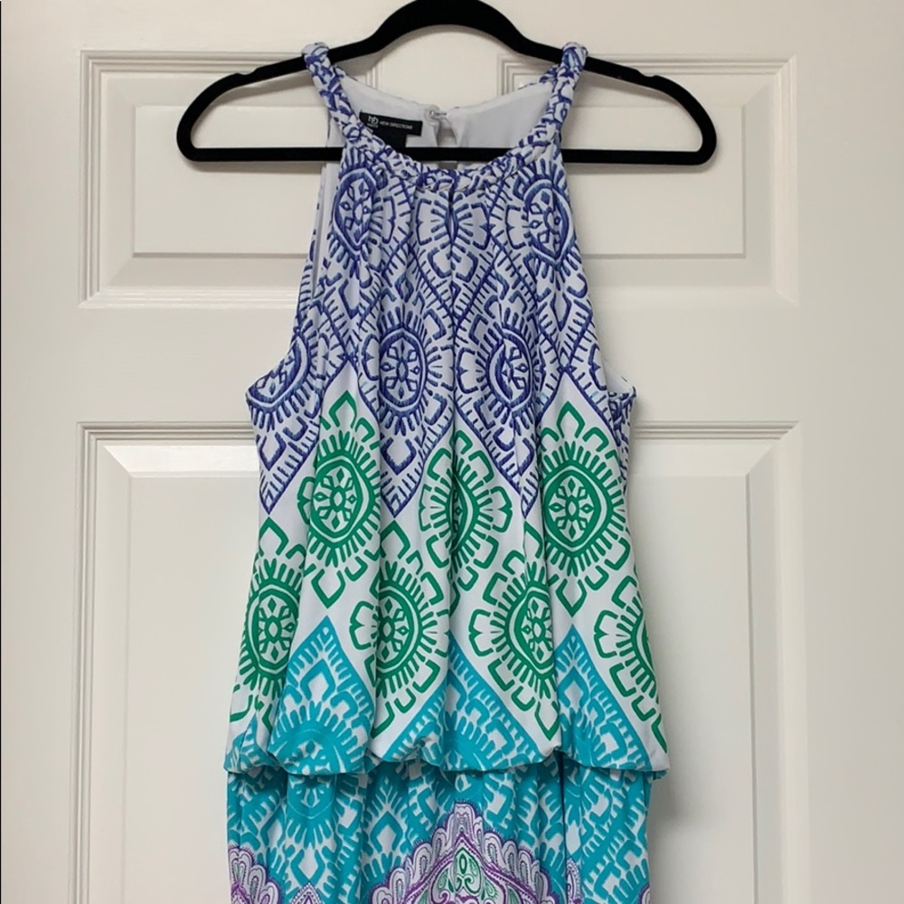 New Directions Sleeveless Keyhole White Blue Dress